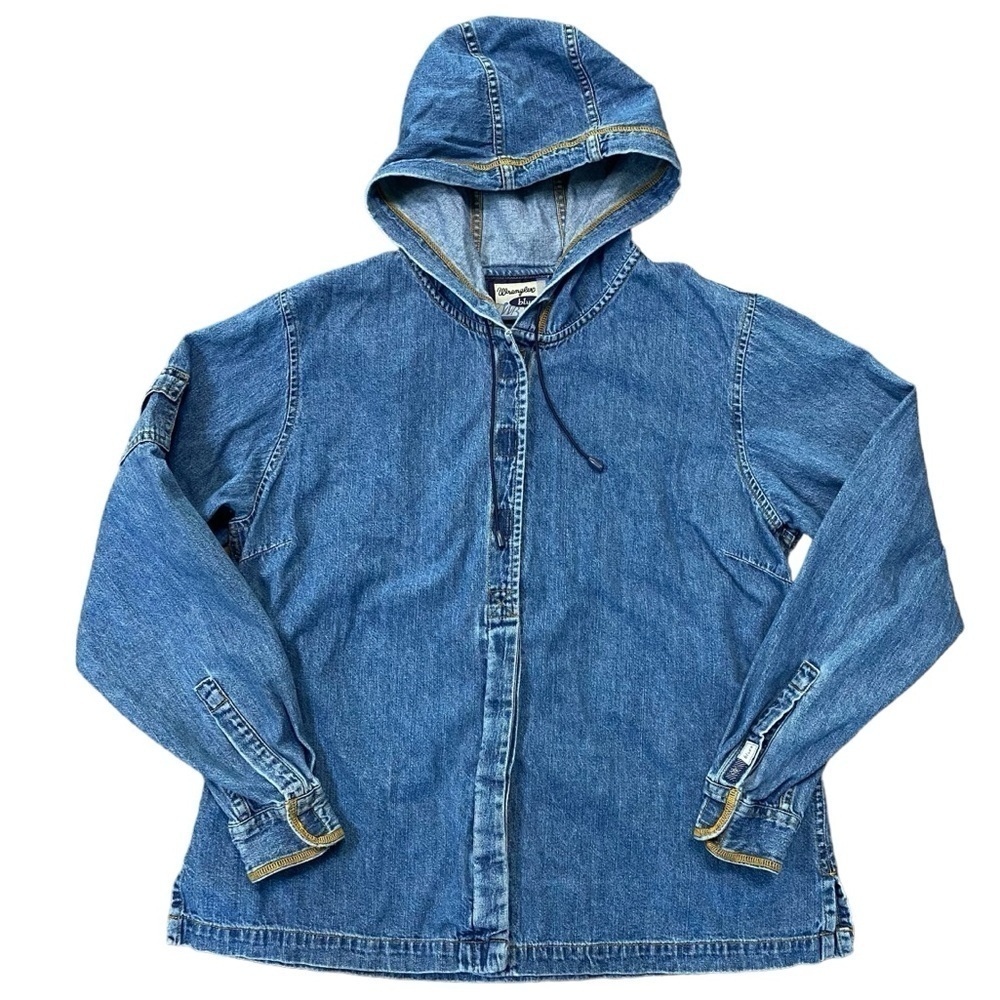 VTG 90s y2k Wrangler Western Country Denim Hooded Jean Jacket Size Large
